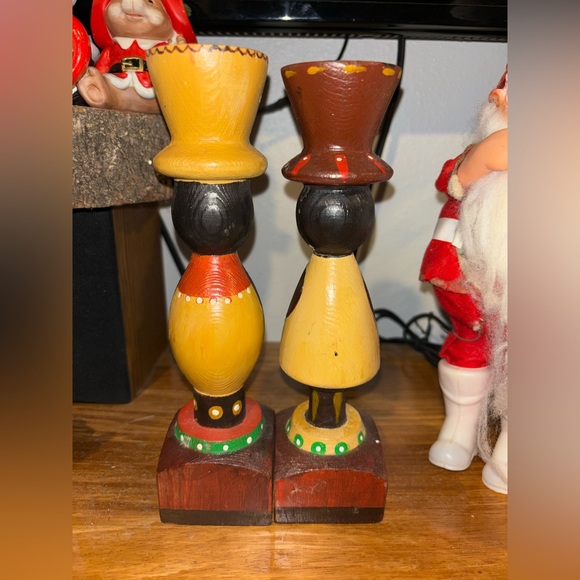 Vintage handmade folk art Christmas candle holders.  Set of 2.  Wooden. - Picture 4 of 6